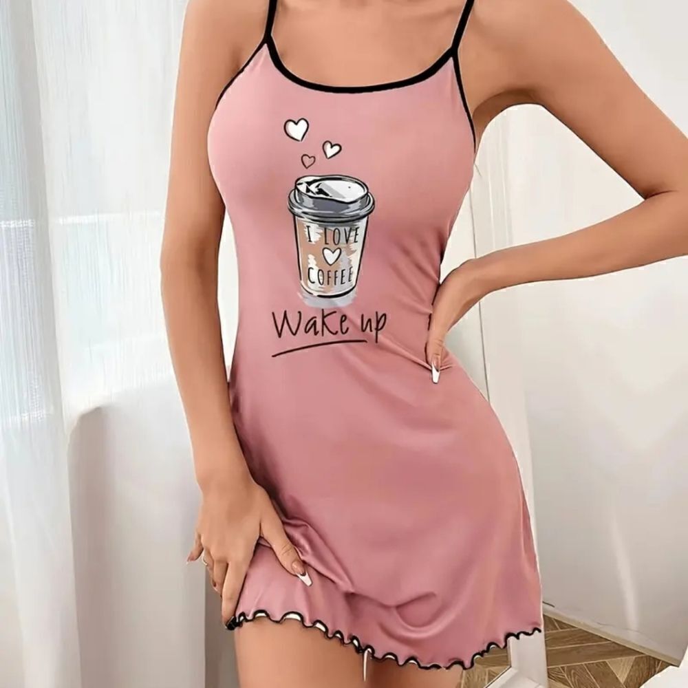 Soft Stretch Nightwear Pink Pajama Dress Wake Up Cut Coffee Print
